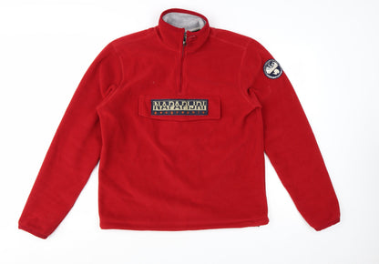 Napapijri Men's Red Fleece 1/4 Zip Pullover Sweatshirt L