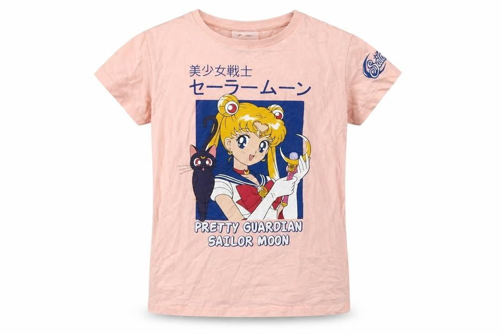Front view of Sailor Moon girls’ pink graphic cotton t-shirt, size 158, short sleeve anime top