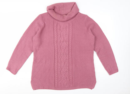 Isle Essentials Women’s Pink Cable-Knit Roll Neck Jumper Size L 18-20