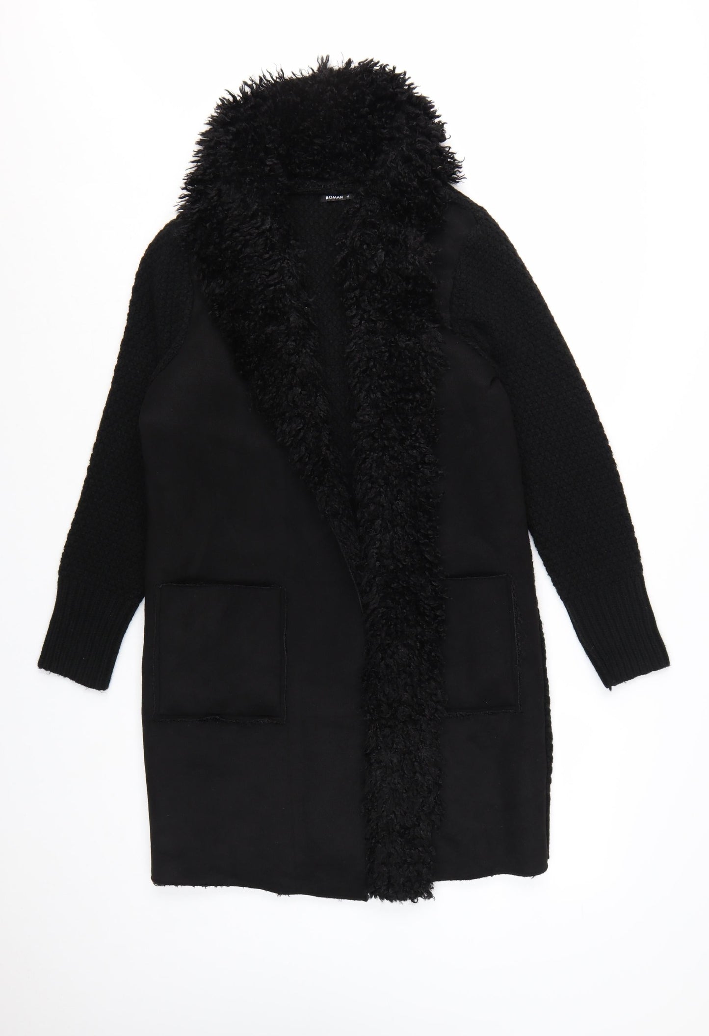 Roman Women's Black Faux Fur Trim Knit Coatigan Size 10