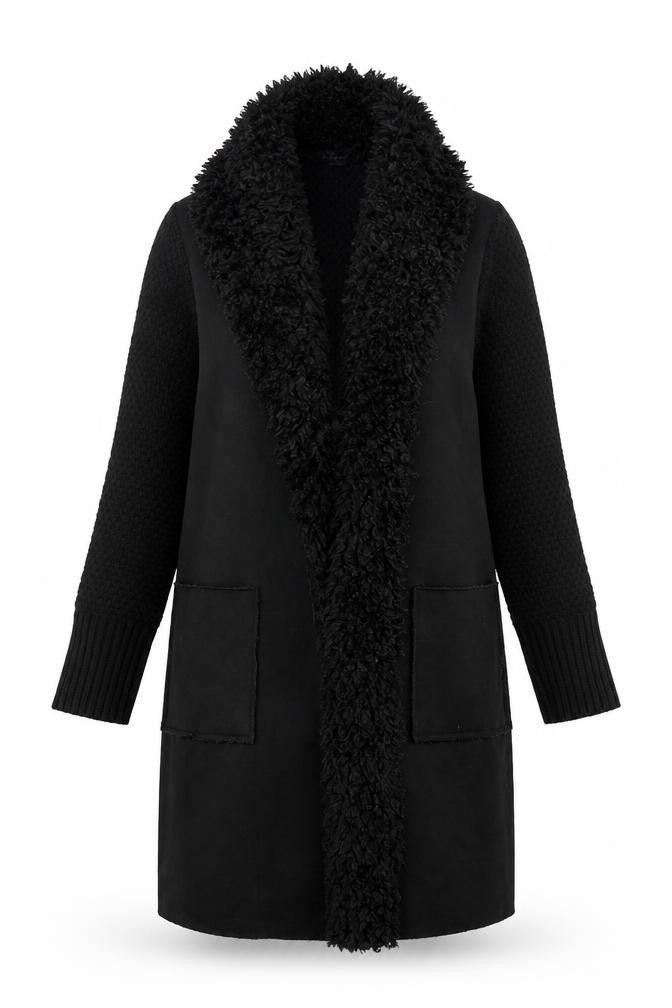 Roman Women's Black Faux Fur Trim Knit Coatigan Size 10