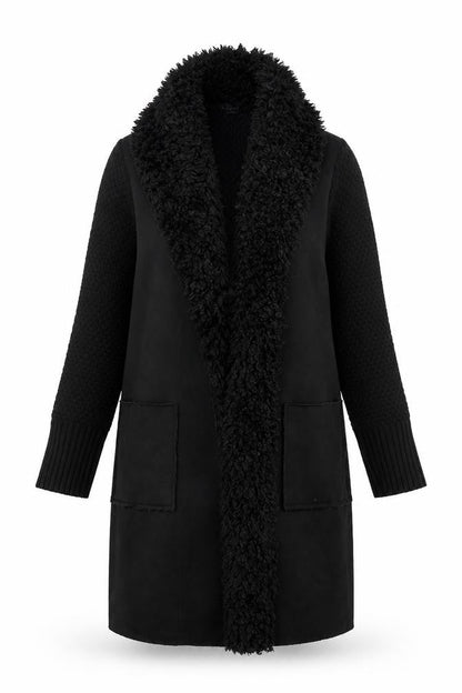 Roman Women's Black Faux Fur Trim Knit Coatigan Size 10