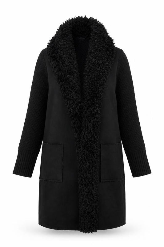 Roman Women's Black Faux Fur Trim Knit Coatigan Size 10