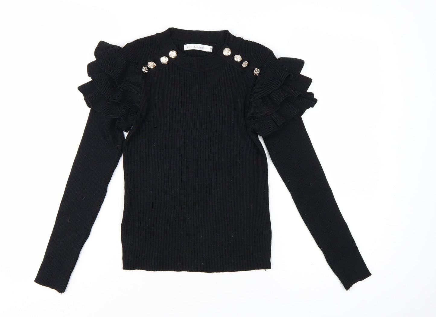 Venessa Nucci Womens Black Ruffle Jewel Pullover Jumper Size S