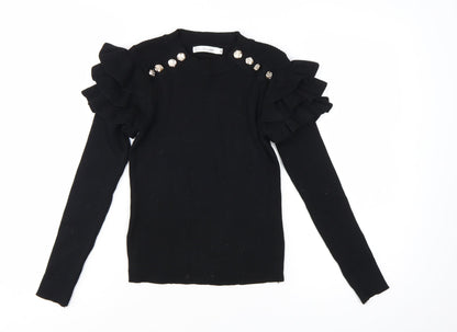 Venessa Nucci Womens Black Ruffle Jewel Pullover Jumper Size S