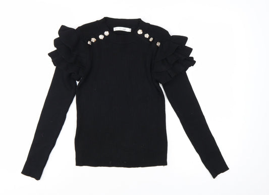 Venessa Nucci Womens Black Ruffle Jewel Pullover Jumper Size S