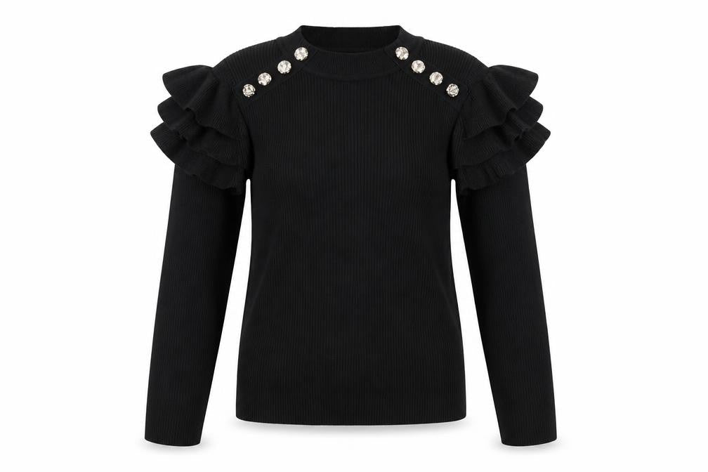 Venessa Nucci Womens Black Ruffle Jewel Pullover Jumper Size S