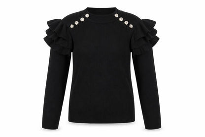 Venessa Nucci Womens Black Ruffle Jewel Pullover Jumper Size S