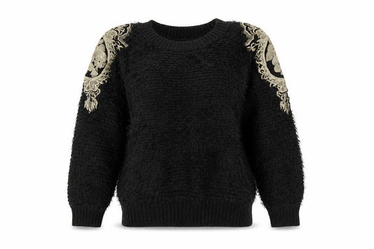 Boohoo Women’s Black Embroidered Shoulder Fluffy Knit Jumper S