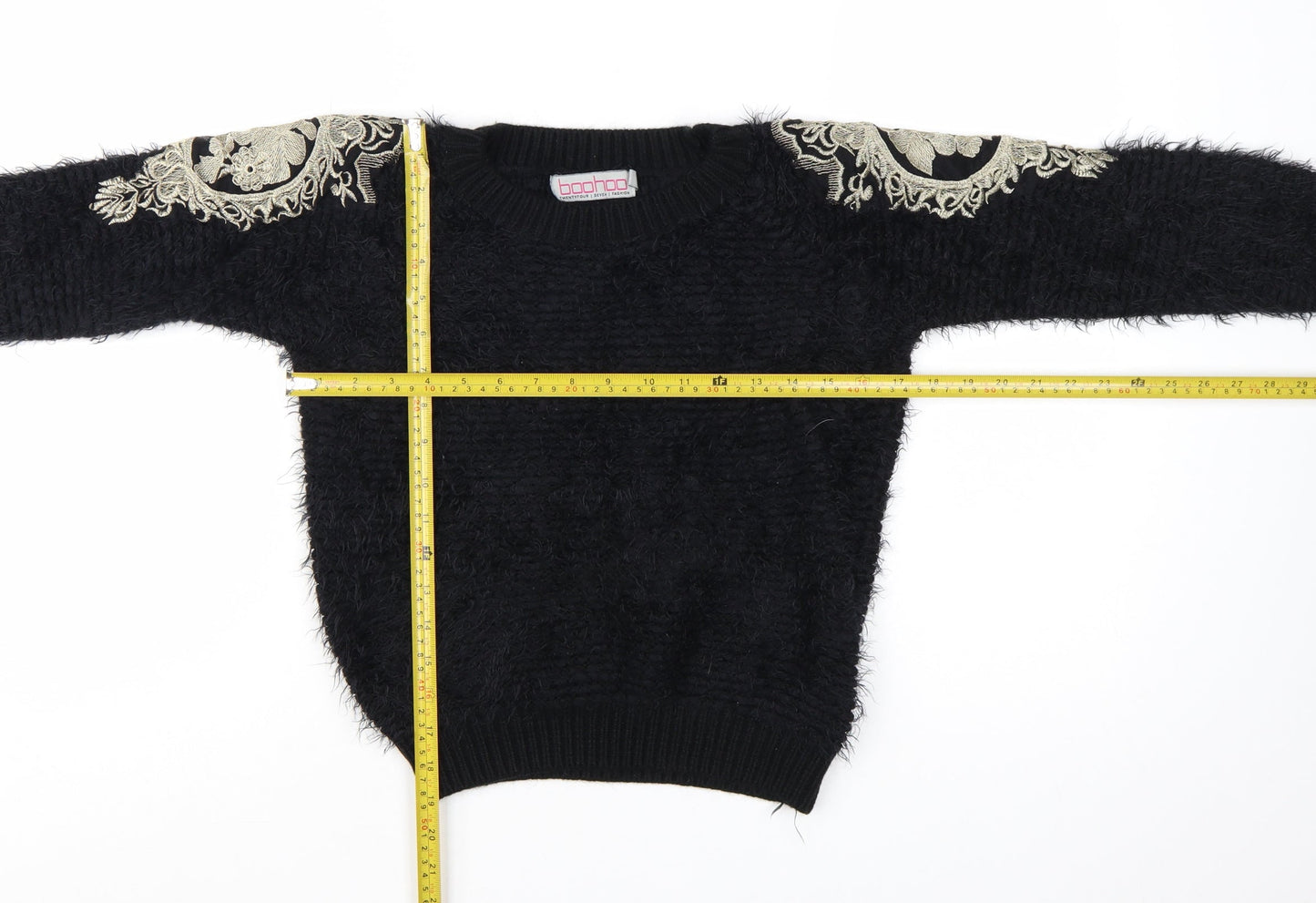 Boohoo Women’s Black Embroidered Shoulder Fluffy Knit Jumper S