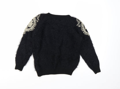Boohoo Women’s Black Embroidered Shoulder Fluffy Knit Jumper S