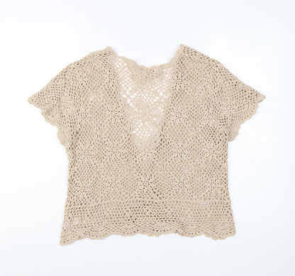 BHS Women Beige Crochet Cotton Open Blouse Top Size 20-22