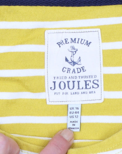 Joules Womens Yellow Striped Cotton 3/4 Sleeve Boat Neck Top Size 16