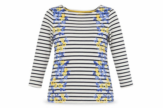 Joules Women's Multicoloured Striped Floral 3/4 Sleeve Cotton T-Shirt Size 8