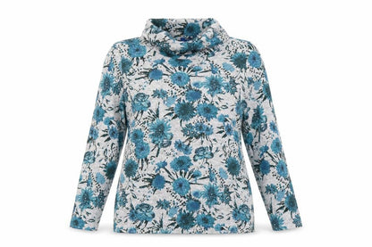 Cotton Traders Women Blue Floral Roll Neck Long Sleeve Top Size 14