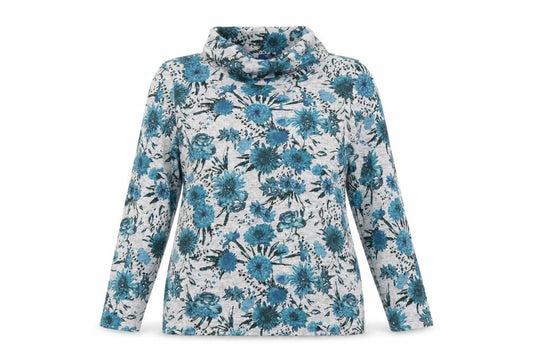 Cotton Traders Women Blue Floral Roll Neck Long Sleeve Top Size 14