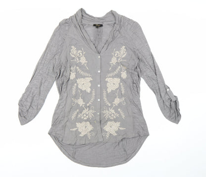 Cupio Womens Grey Embroidered Tunic Blouse Size L 3/4 Sleeve