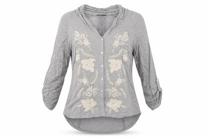 Cupio Womens Grey Embroidered Tunic Blouse Size L 3/4 Sleeve