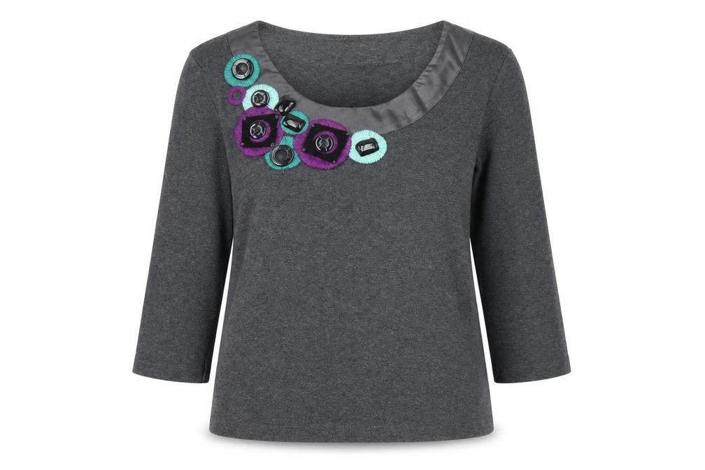 CC Petite Grey Embellished Scoop Neck 3/4 Sleeve Tunic Blouse Size S