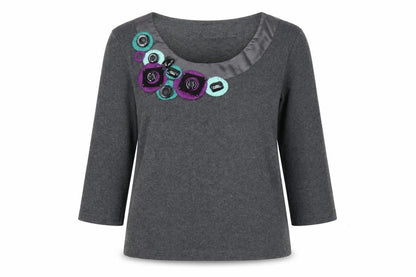 CC Petite Grey Embellished Scoop Neck 3/4 Sleeve Tunic Blouse Size S