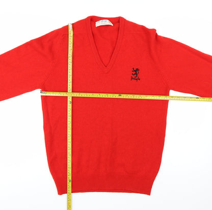 Pringle Men's Red Wool V-Neck Jumper Size M Classic Knitwear