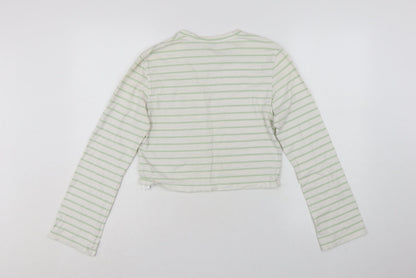 Jack Wills Womens White Green Striped Cropped Long Sleeve T-Shirt UK 14