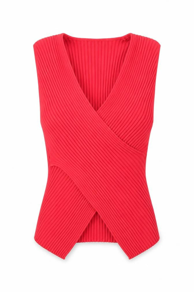 Excellent Women’s Red Sleeveless Wrap Knit Blouse Size L