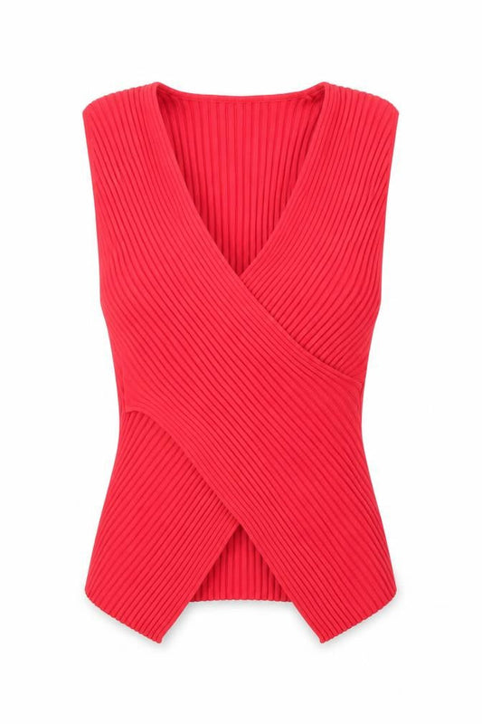 Excellent Women’s Red Sleeveless Wrap Knit Blouse Size L