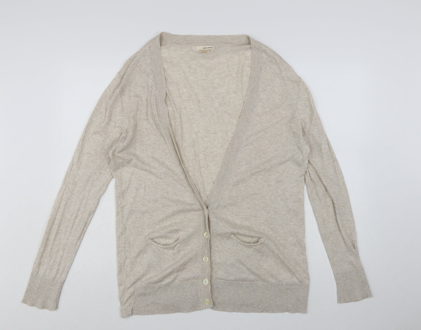 DKNY Jeans Women's Beige V-Neck Cotton Long Sleeve Cardigan L