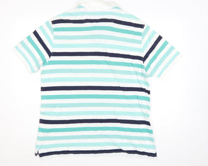 Marks and Spencer Blue Harbour Men's Blue Stripe Cotton Polo L Regular Fit