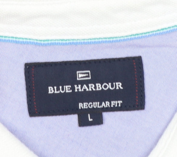 Marks and Spencer Blue Harbour Men's Blue Stripe Cotton Polo L Regular Fit