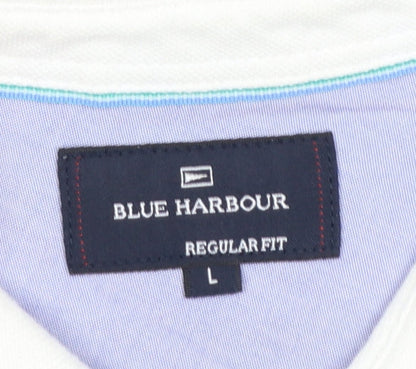 Marks and Spencer Blue Harbour Men's Blue Stripe Cotton Polo L Regular Fit