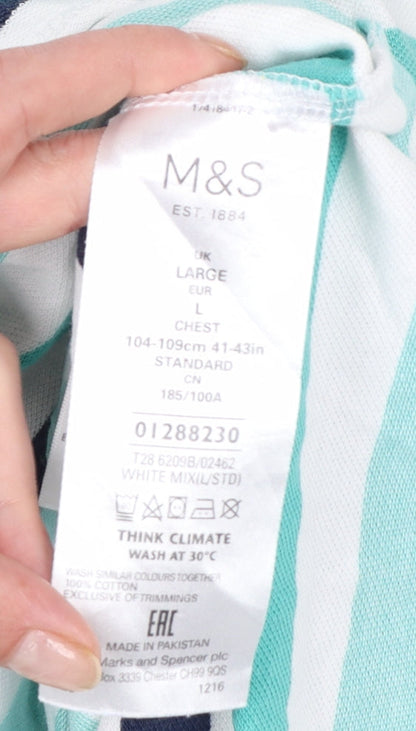 Marks and Spencer Blue Harbour Men's Blue Stripe Cotton Polo L Regular Fit