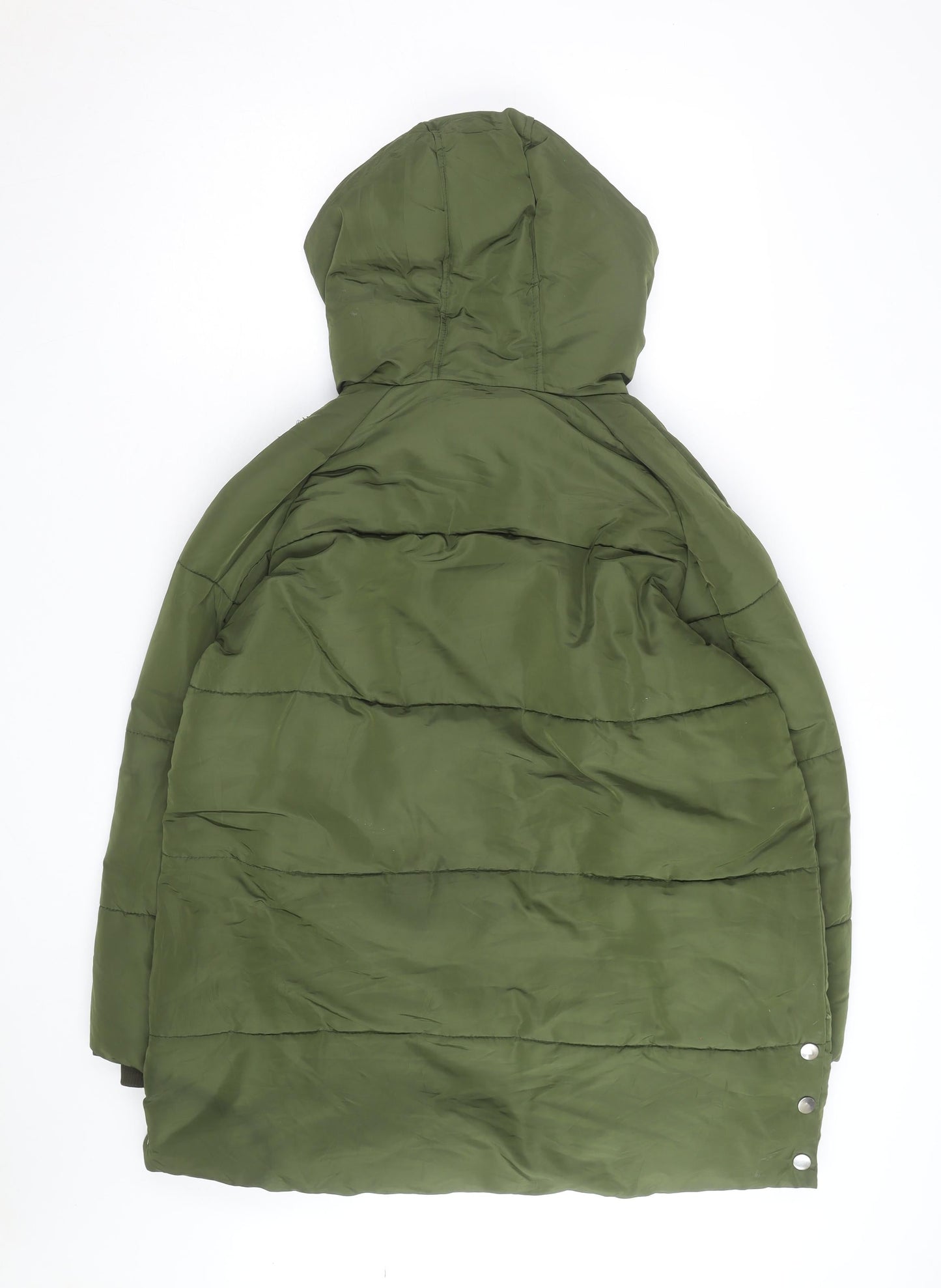 Zara Women Green Long Puffer Jacket Coat L Hooded Zip Winter Warm