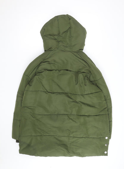Zara Women Green Long Puffer Jacket Coat L Hooded Zip Winter Warm
