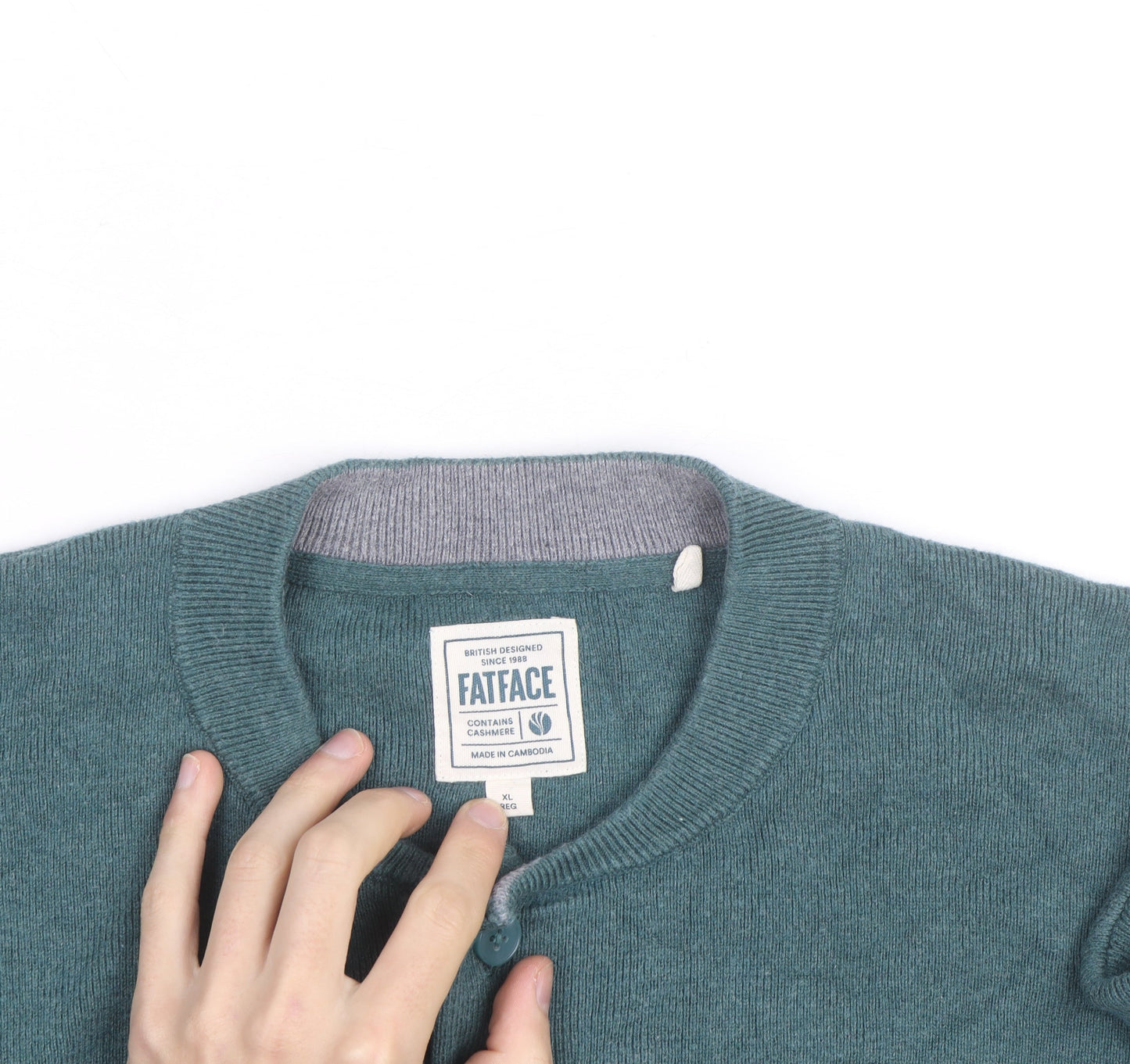 FatFace Men's Green Cotton Cashmere Henley Jumper XL