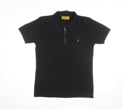 Gabicci Men's Black Short Sleeve 1/2 Zip Retro Knit Polo Shirt Size S