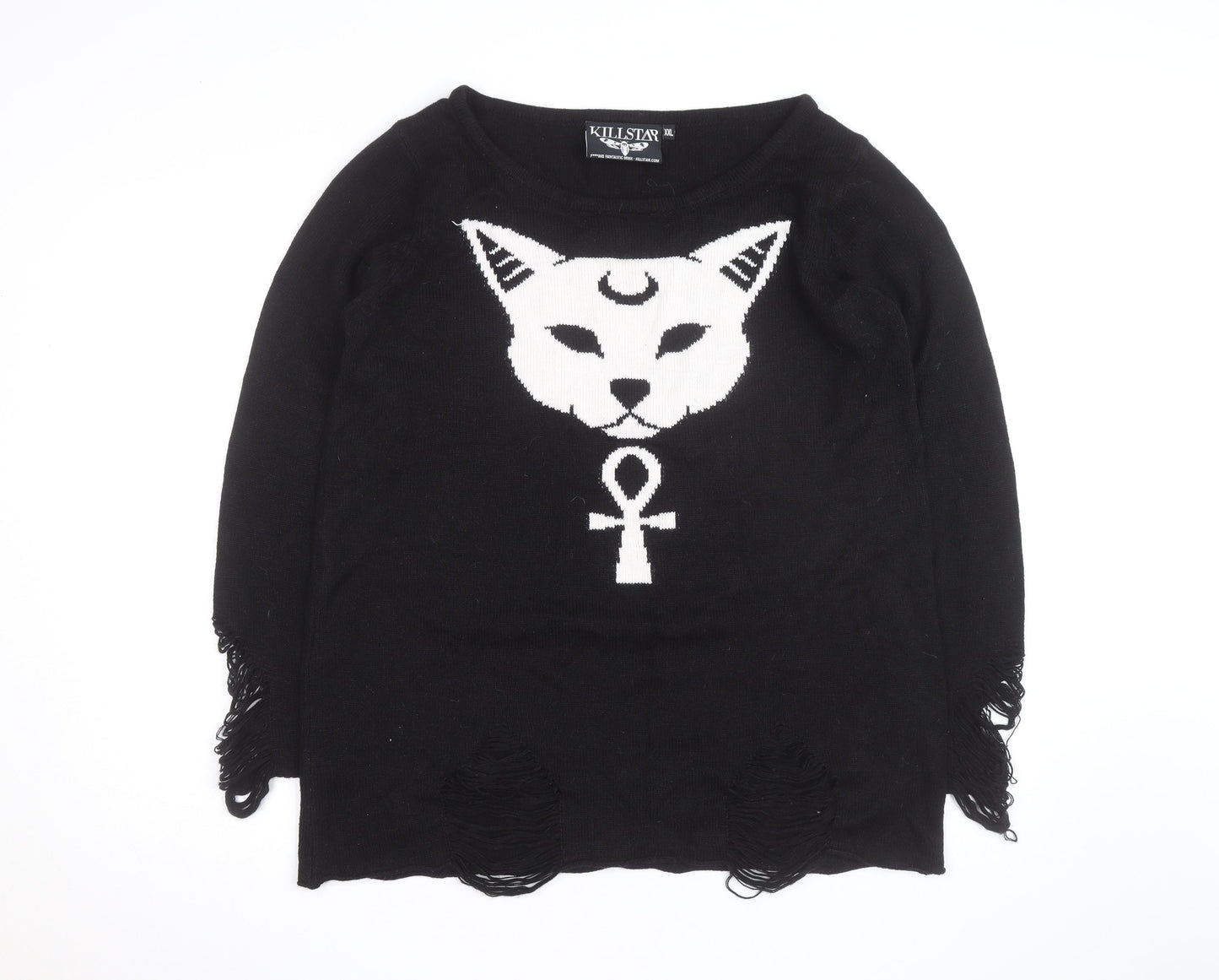 Killstar Mens Black 2XL Gothic Cat Graphic Distressed Knit Jumper