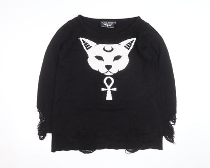 Killstar Mens Black 2XL Gothic Cat Graphic Distressed Knit Jumper