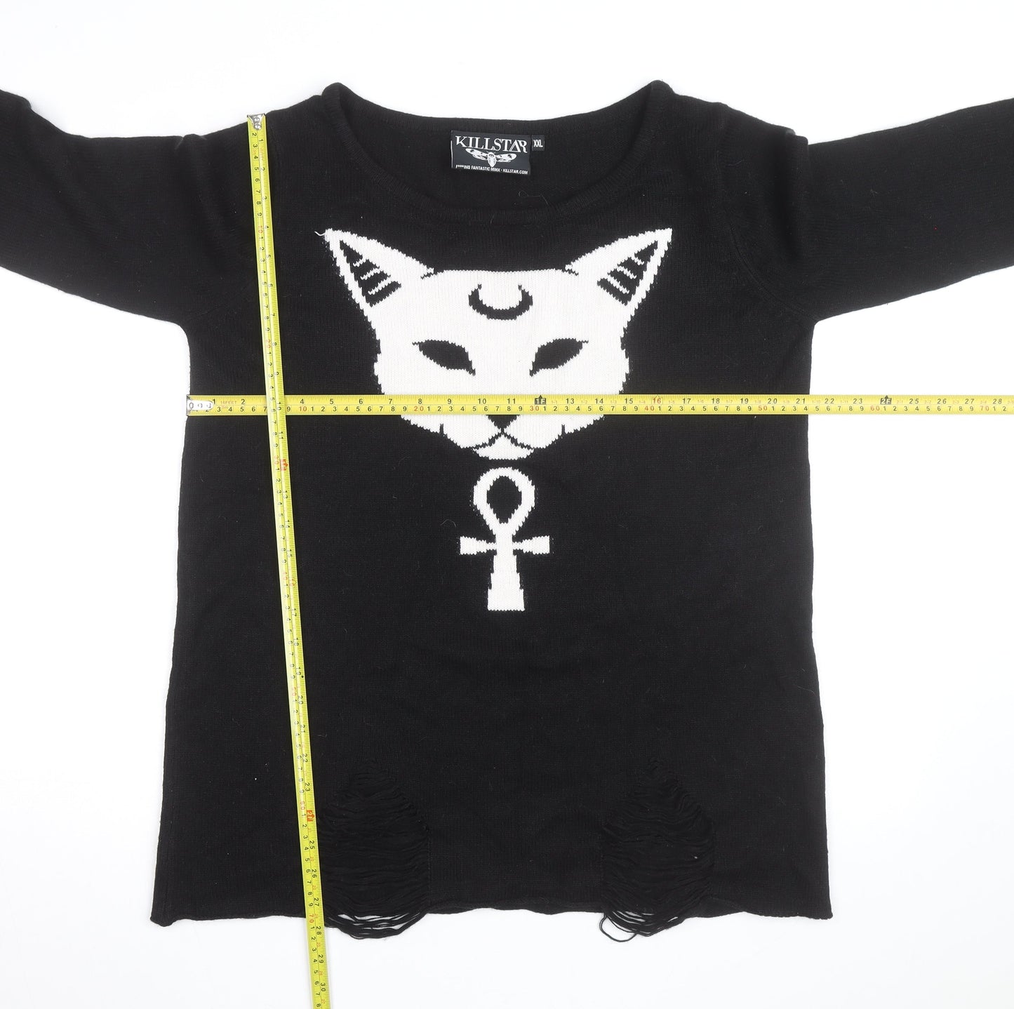 Killstar Mens Black 2XL Gothic Cat Graphic Distressed Knit Jumper