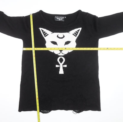 Killstar Mens Black 2XL Gothic Cat Graphic Distressed Knit Jumper