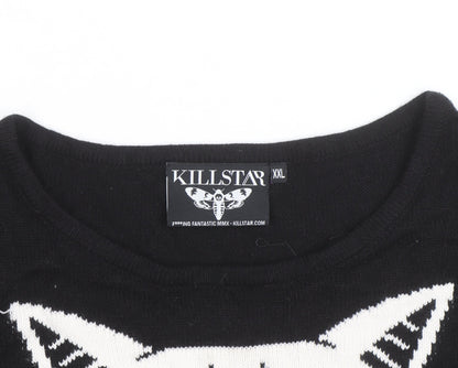 Killstar Mens Black 2XL Gothic Cat Graphic Distressed Knit Jumper