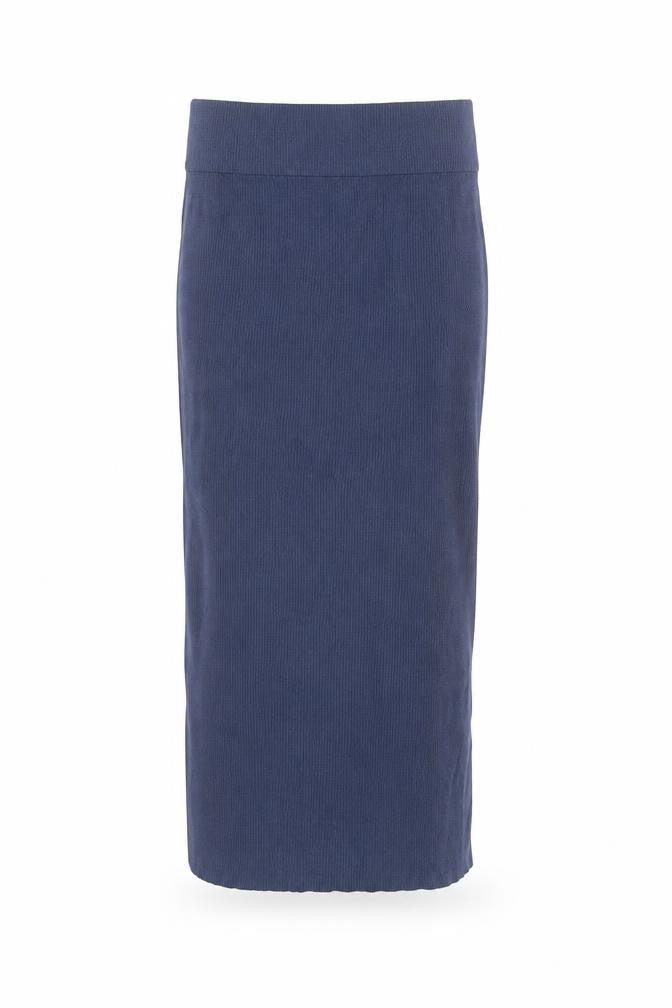Zara Women Blue Ribbed Midi Pencil Skirt L Knit Stretch Viscose Blend