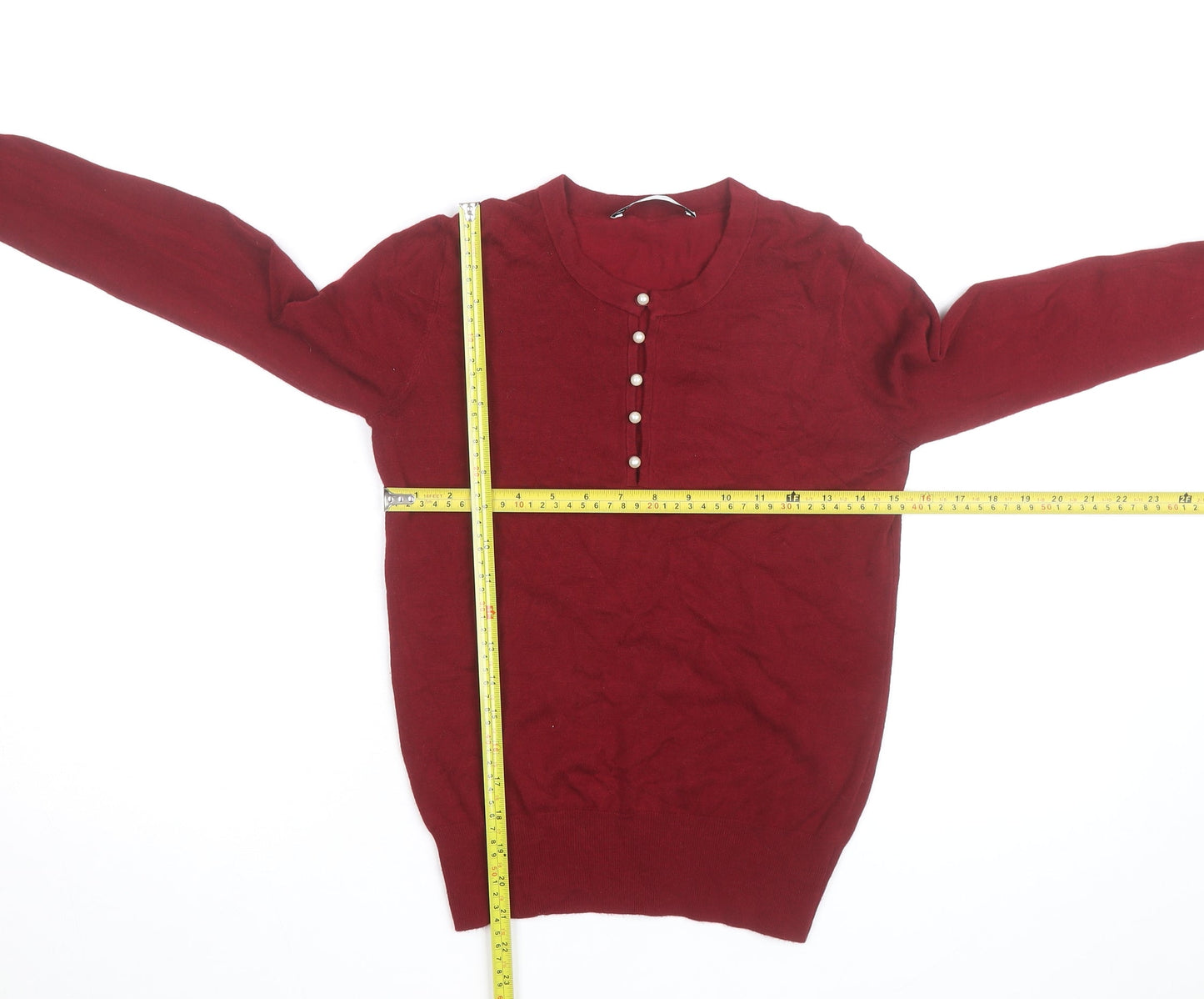 ZARA Women Red Henley Knit Jumper Size 8 Long Sleeve