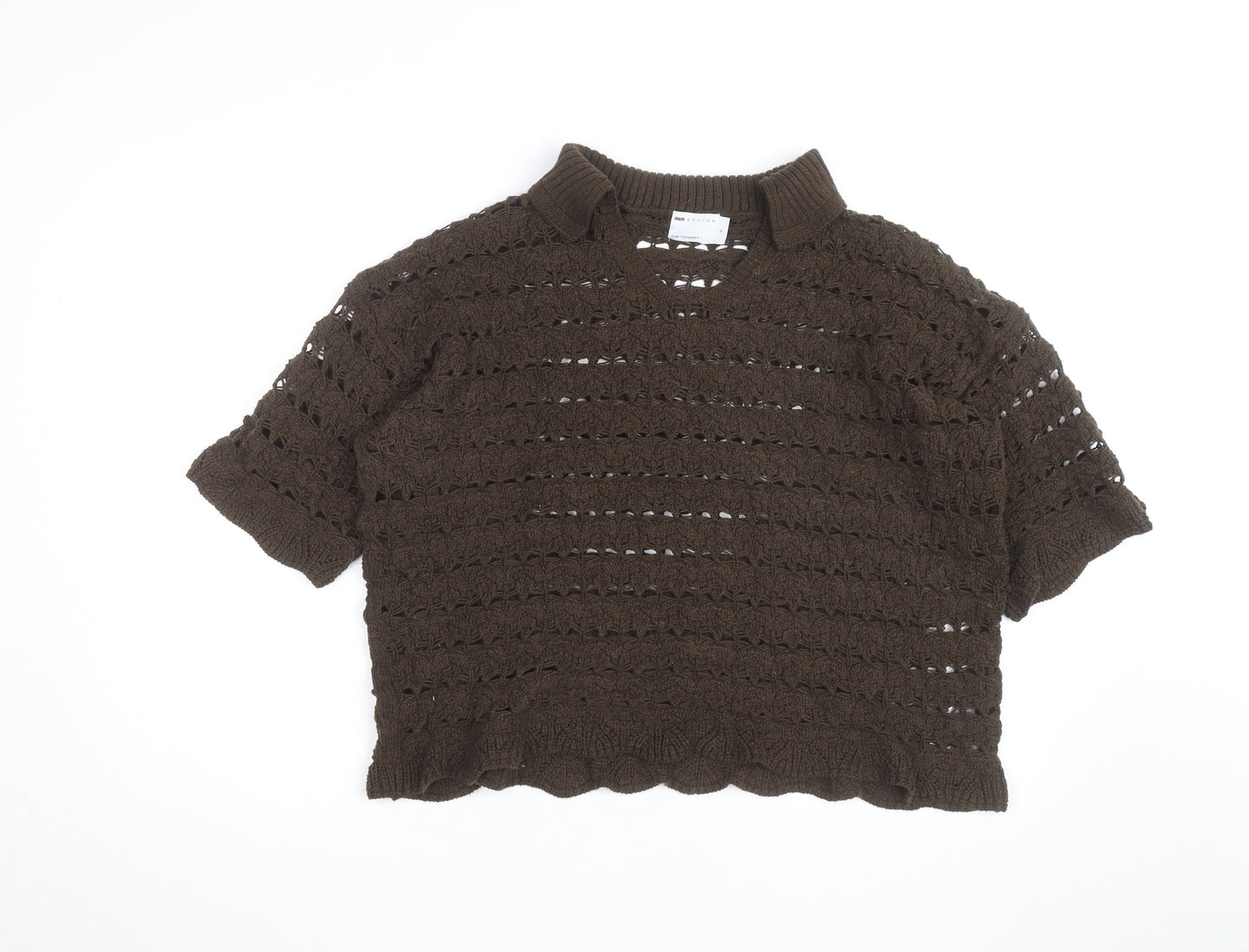 ASOS Women’s Brown Open-Knit Collared Short Sleeve Jumper Size M
