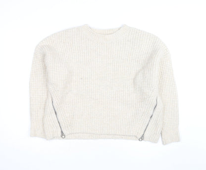 Topshop Women Ivory Waffle-Knit Zip Pullover Jumper Size L