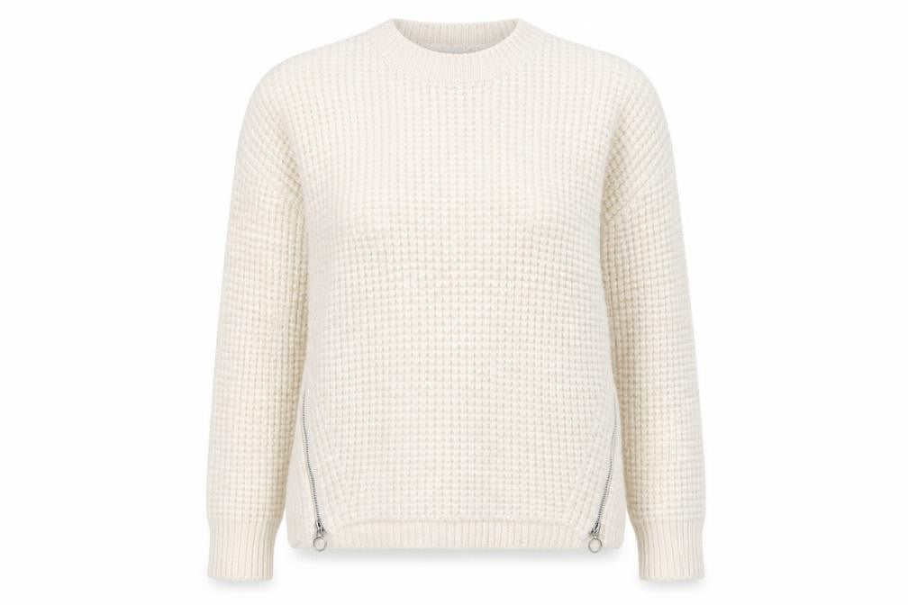 Topshop Women Ivory Waffle-Knit Zip Pullover Jumper Size L