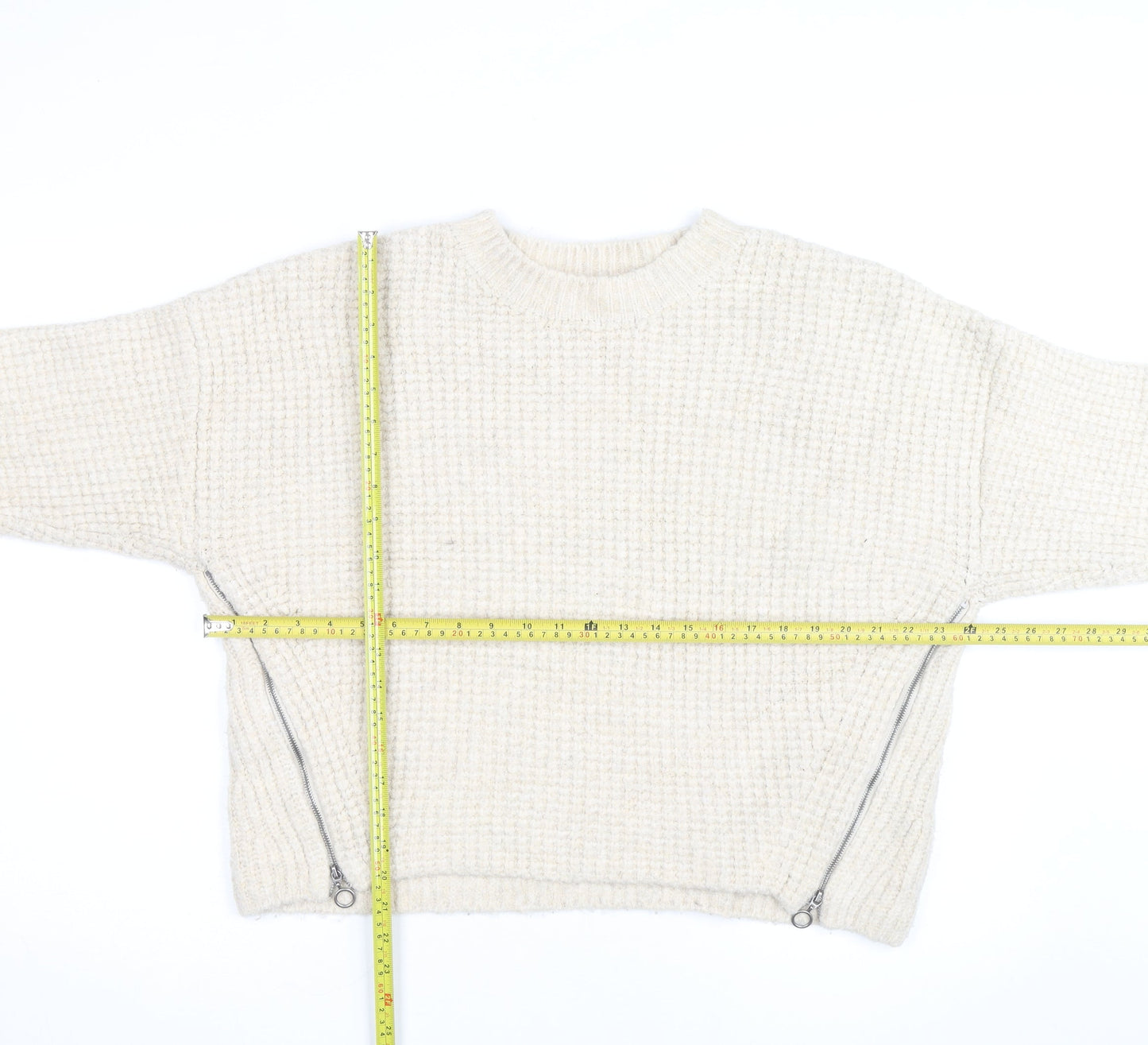 Topshop Women Ivory Waffle-Knit Zip Pullover Jumper Size L