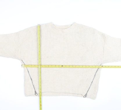 Topshop Women Ivory Waffle-Knit Zip Pullover Jumper Size L