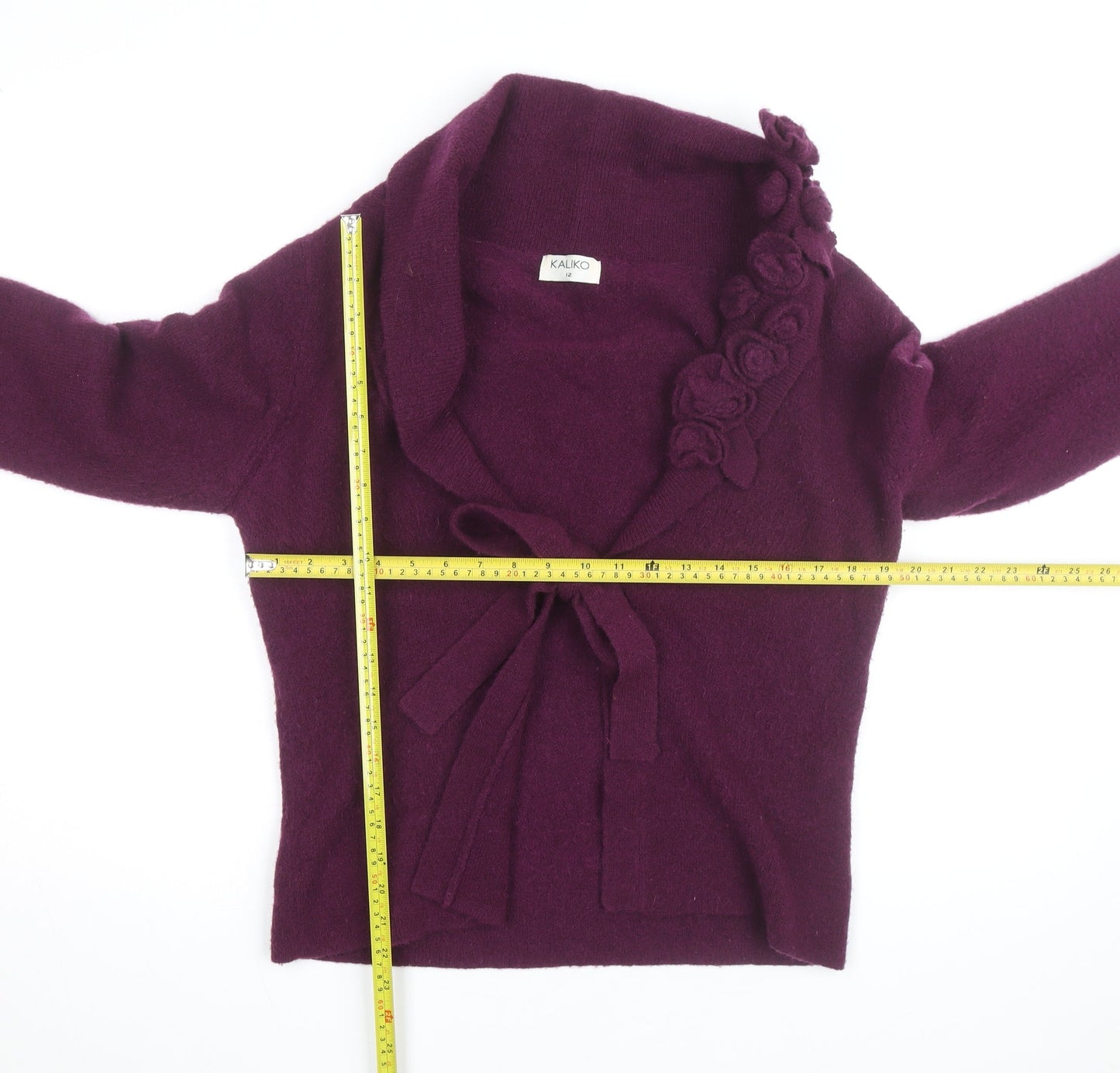 Kaliko Women Purple Cardigan Size 12 Wool Floral Tie Wrap Jumper